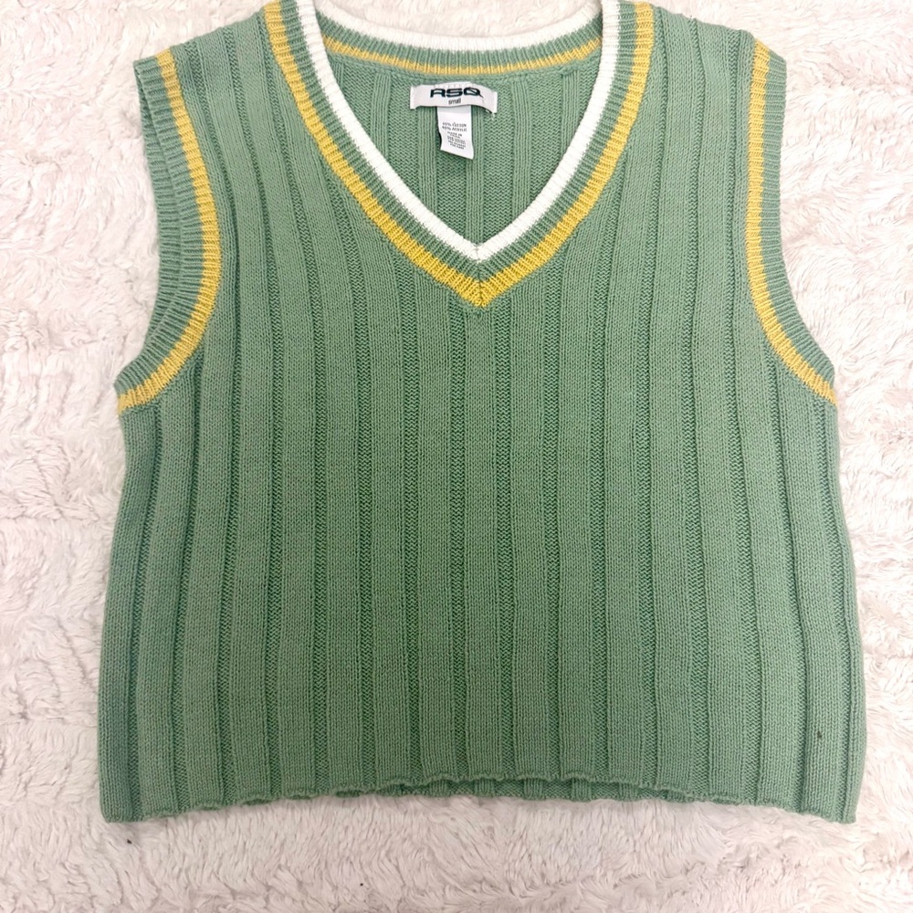 RSQ size small Varsity Sweater Vest Green Yellow Striped Preppy Y2K